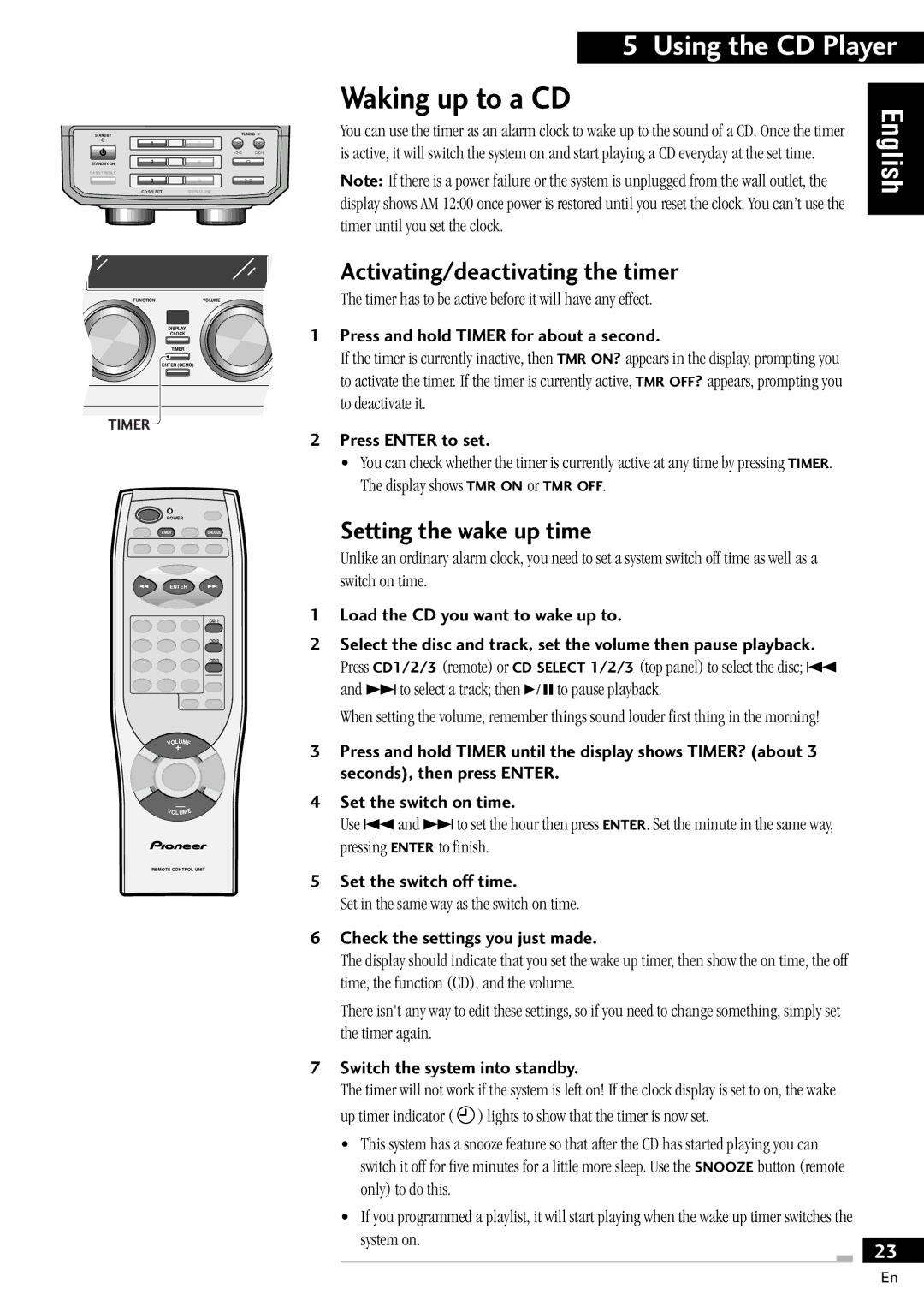 Pioneer X-MT2000 manual Waking up to a CD, Activating/deactivating the timer, Setting the wake up time 