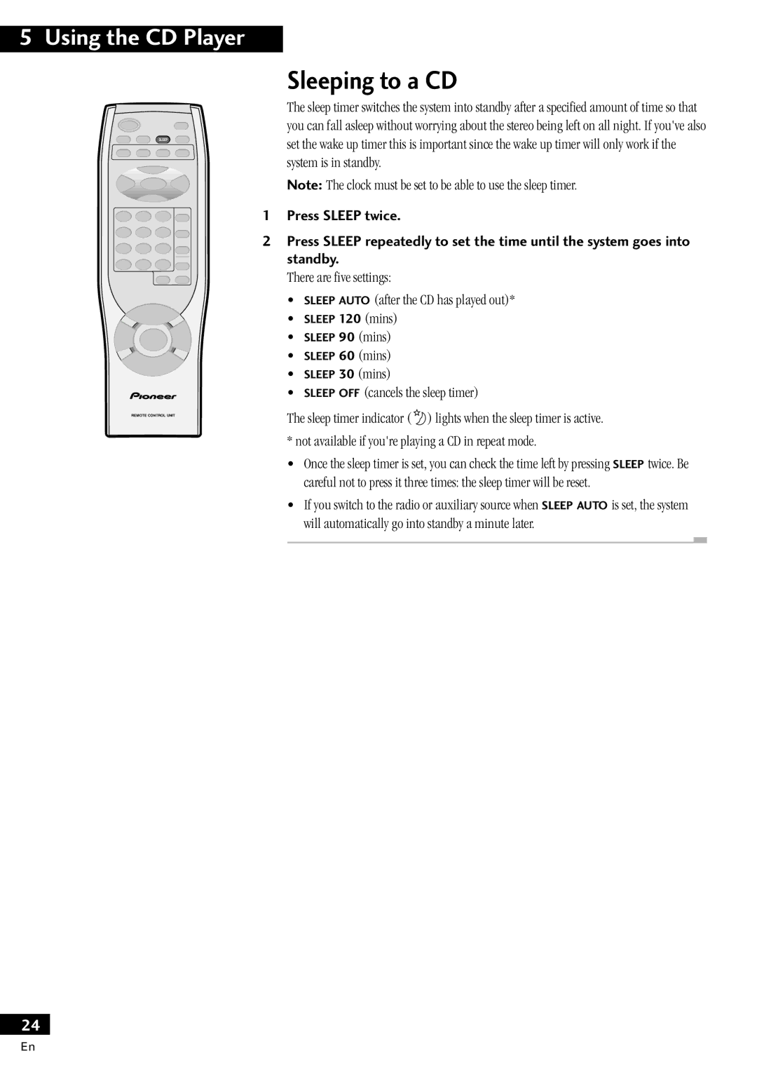 Pioneer X-MT2000 manual Sleeping to a CD, Sleep OFF cancels the sleep timer 