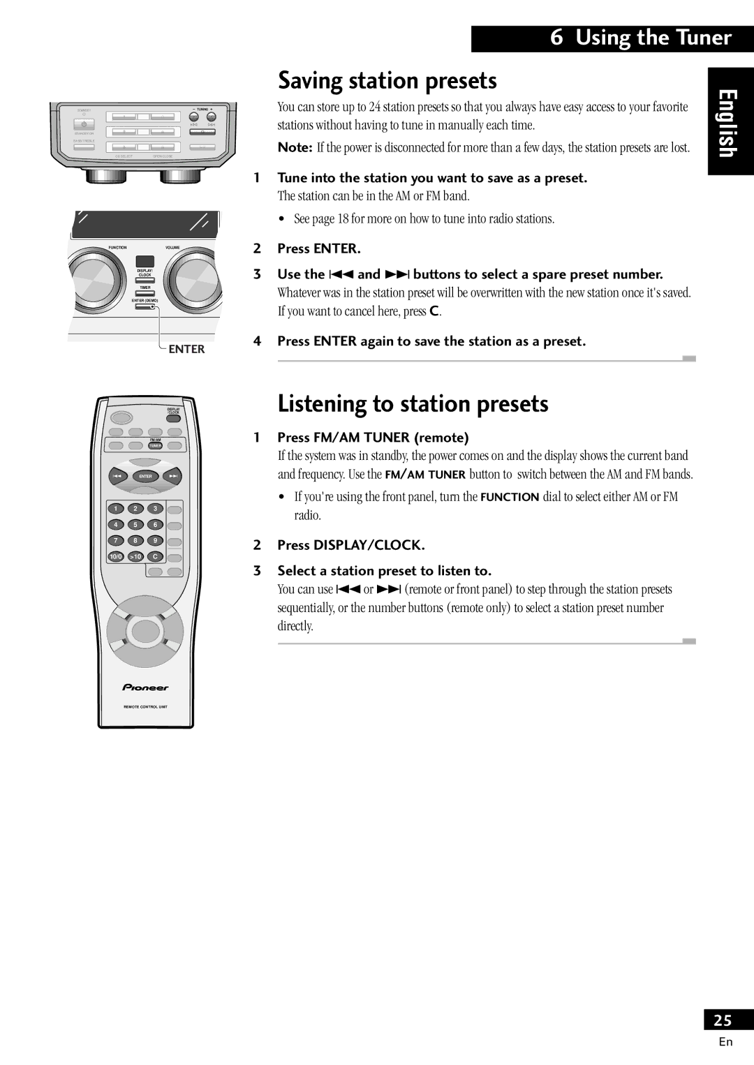 Pioneer X-MT2000 Saving station presets, Listening to station presets, Tune into the station you want to save as a preset 