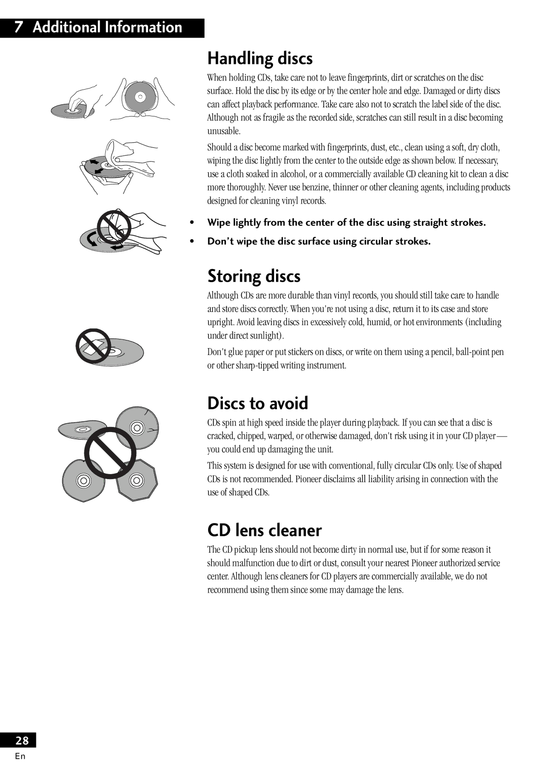 Pioneer X-MT2000 manual Handling discs, Storing discs, Discs to avoid, CD lens cleaner 