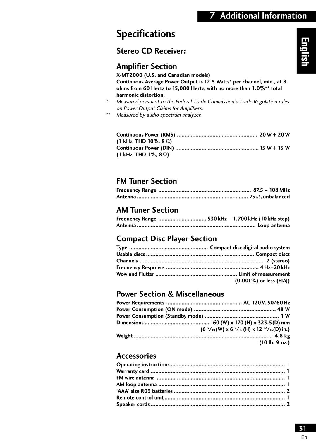 Pioneer X-MT2000 manual Specifications 