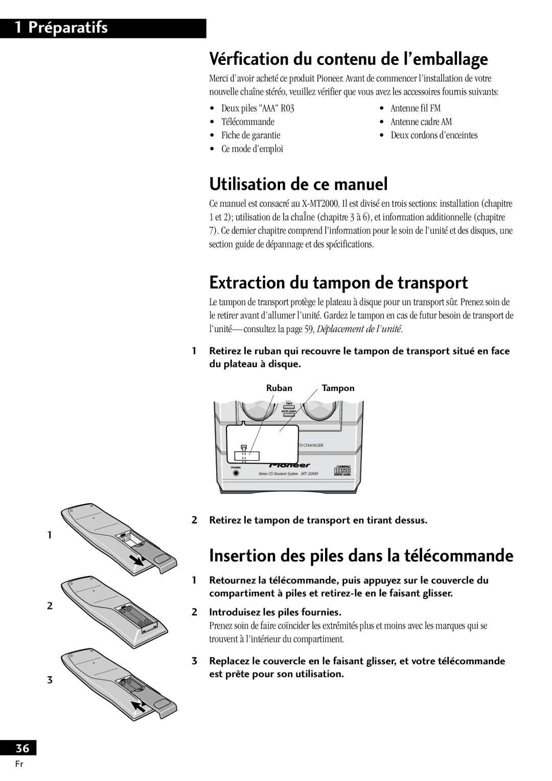 Pioneer X-MT2000 manual Utilisation de ce manuel, Extraction du tampon de transport, Ce mode d’emploi 