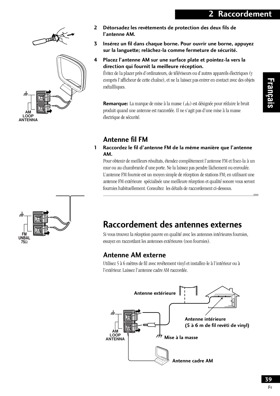 Pioneer X-MT2000 manual Raccordement des antennes externes, Antenne fil FM, Antenne AM externe 