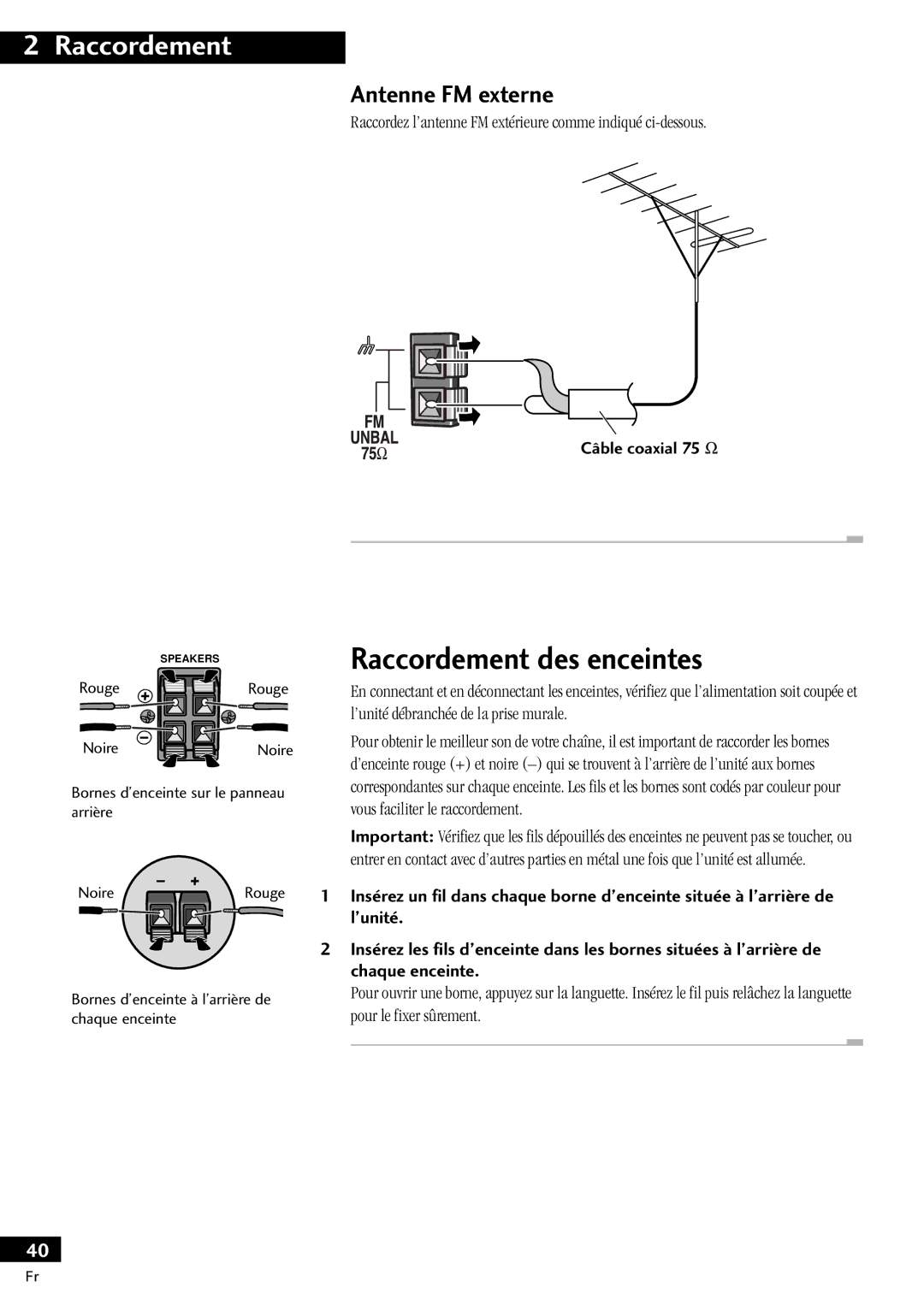 Pioneer X-MT2000 manual Raccordement des enceintes, Antenne FM externe, ‰ble coaxial 75 Ω 