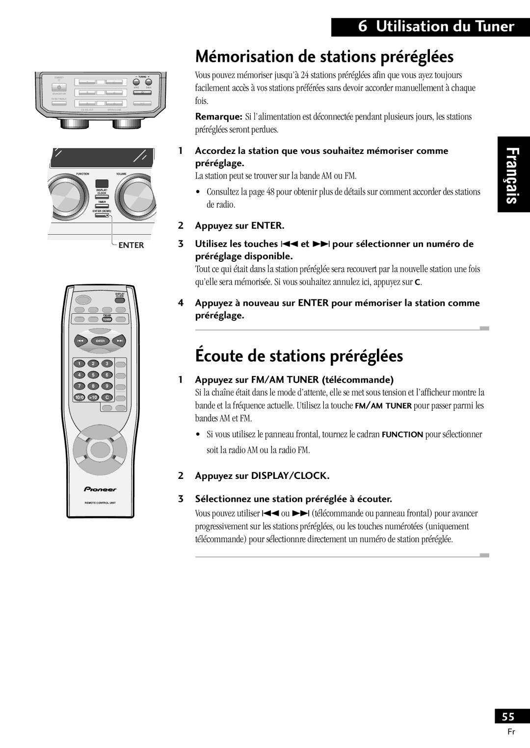 Pioneer X-MT2000 manual MŽmorisation de stations prŽrŽglŽes, Ƒcoute de stations prŽrŽglŽes, PrŽrŽglage 