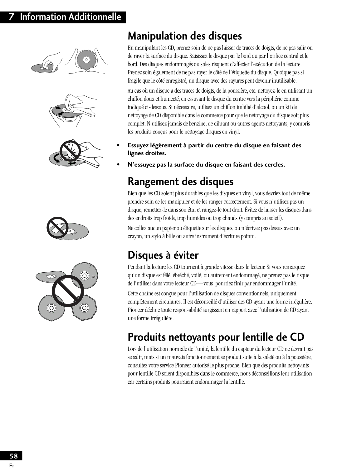 Pioneer X-MT2000 manual Manipulation des disques, Rangement des disques, Disques ˆ Žviter 