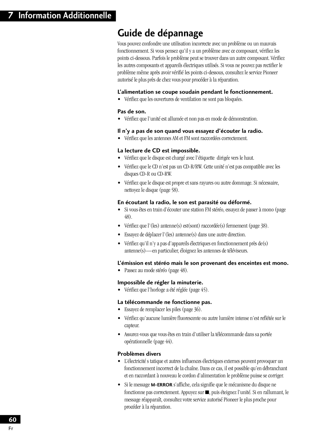 Pioneer X-MT2000 manual Guide de dŽpannage 