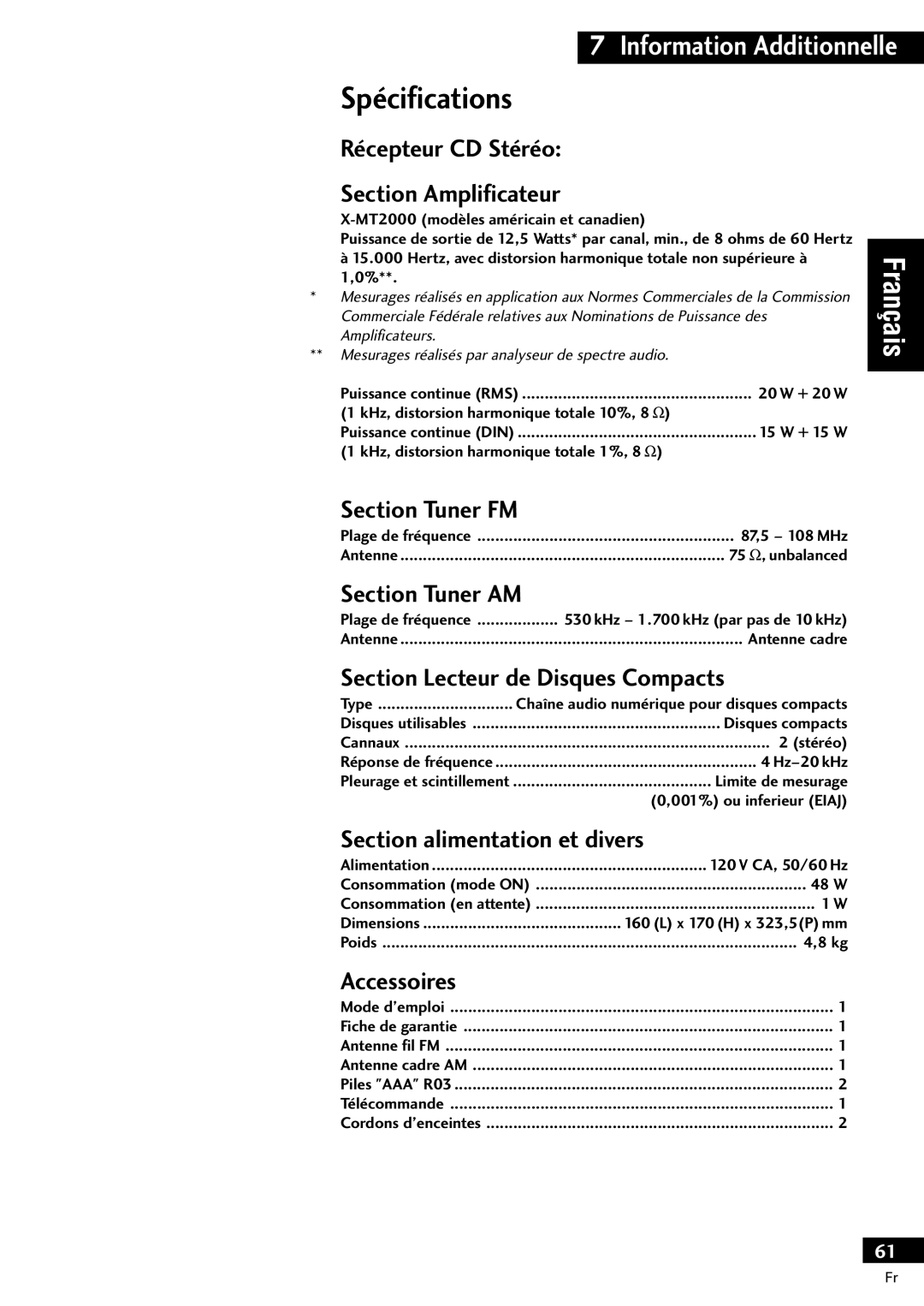 Pioneer X-MT2000 manual SpŽcifications, RŽcepteur CD StŽrŽo Section Amplificateur, Section Lecteur de Disques Compacts 