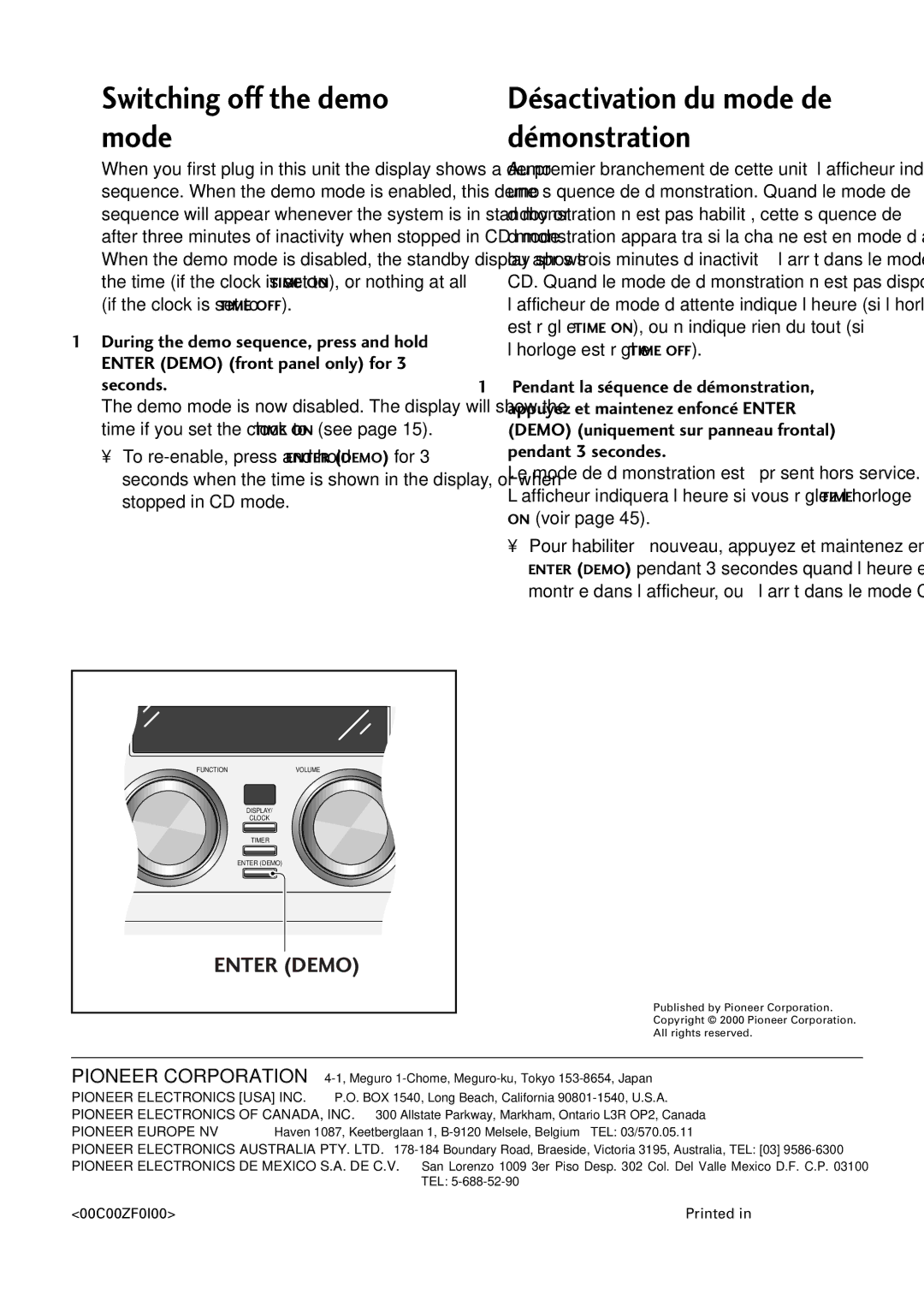 Pioneer X-MT2000 manual Switching off the demo mode, DŽsactivation du mode de dŽmonstration 