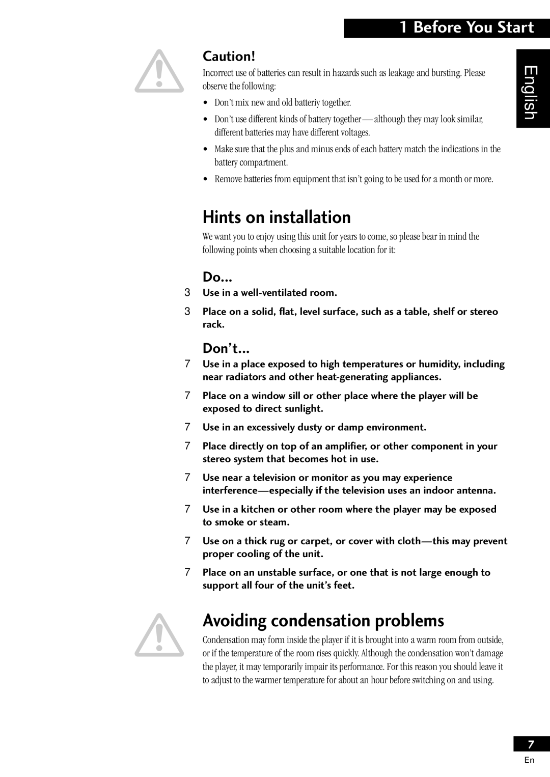 Pioneer X-MT2000 manual Hints on installation, Avoiding condensation problems, DonÕt 