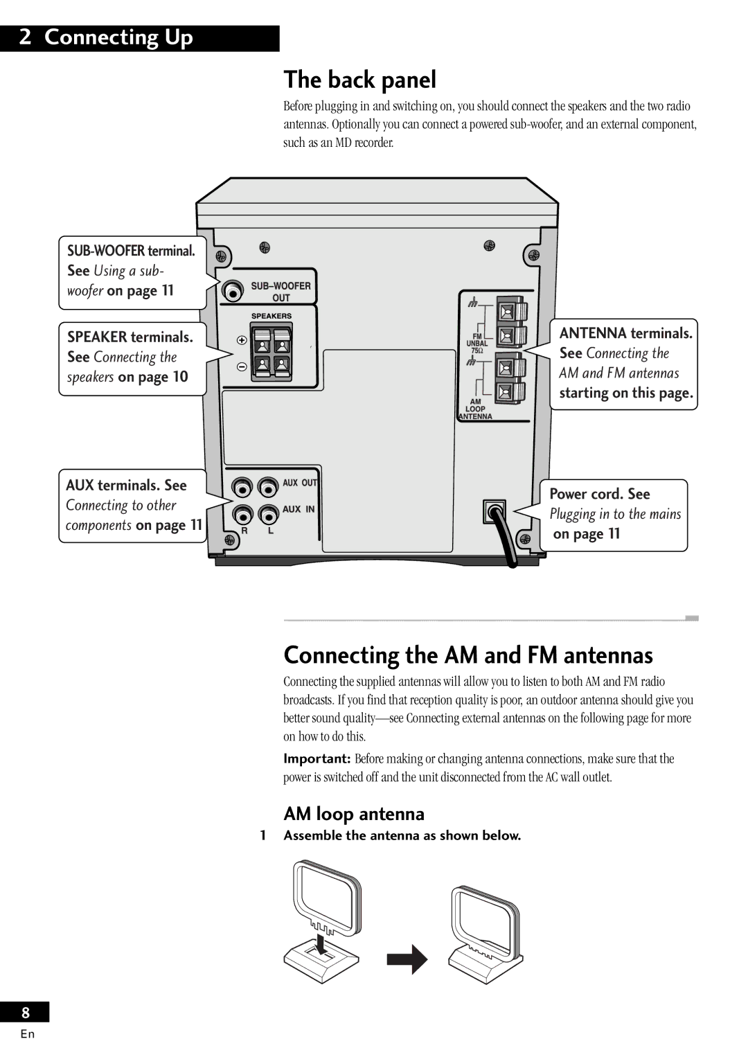 Pioneer X-MT2000 manual Back panel, Connecting the AM and FM antennas, AM loop antenna, Assemble the antenna as shown below 