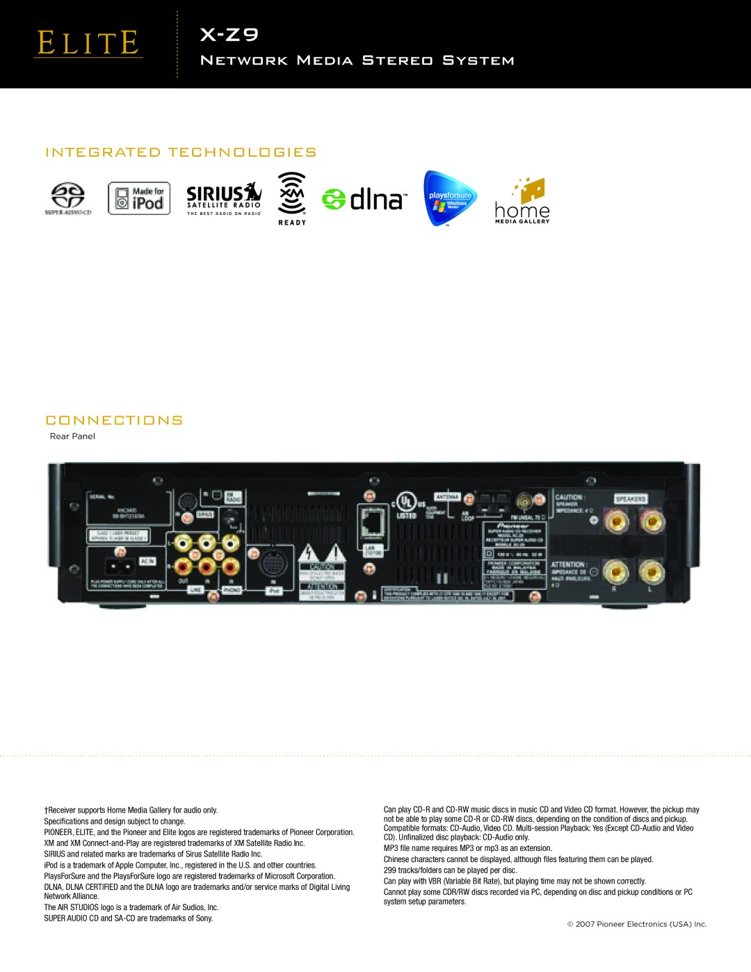 Pioneer X-Z9 manual Integrated Technologies, Connections, Rear Panel 