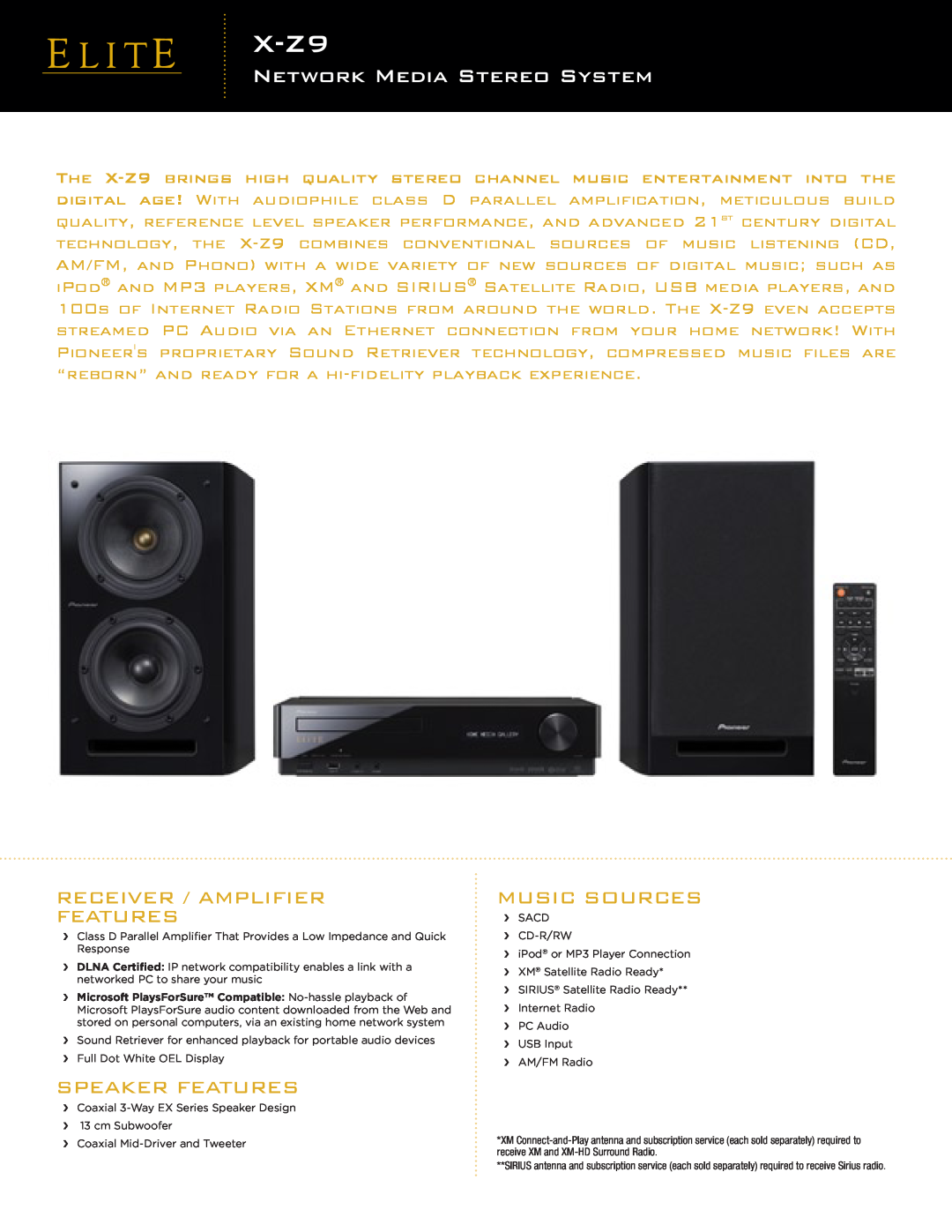 Pioneer X-Z9 manual XDV-Z9-58AV, Network Media Stereo System, Receiver / Amplifier Features, Speaker Features 