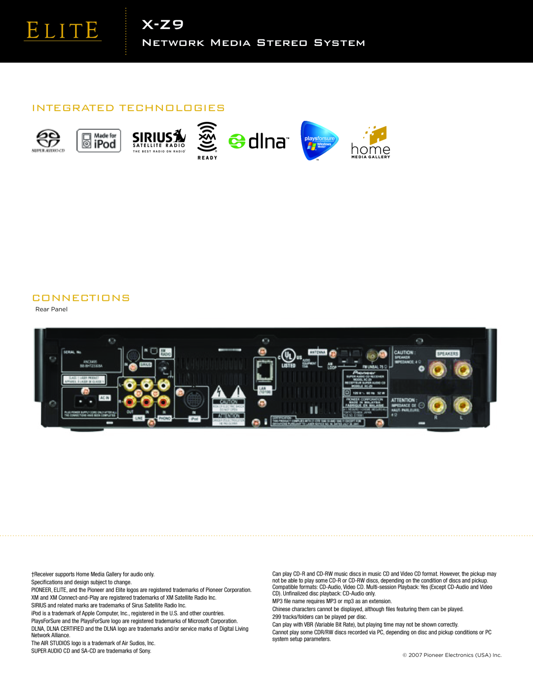 Pioneer X-Z9 manual Integrated Technologies, XDV-Z9-58AV, Network Media Stereo System, Connections 