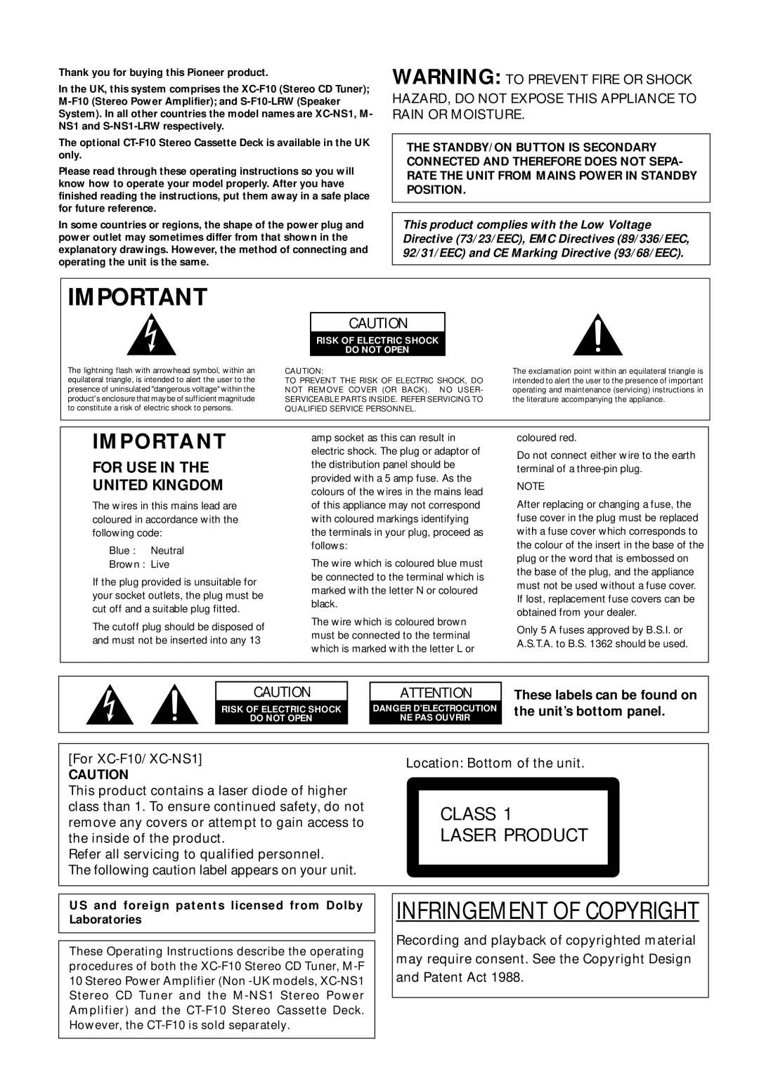 Pioneer XC-F10, XC-NS1, S-F10-LRW, S-NS1-LRW, CT-F10, M-F10, M-NS1 manual Infringement of Copyright 