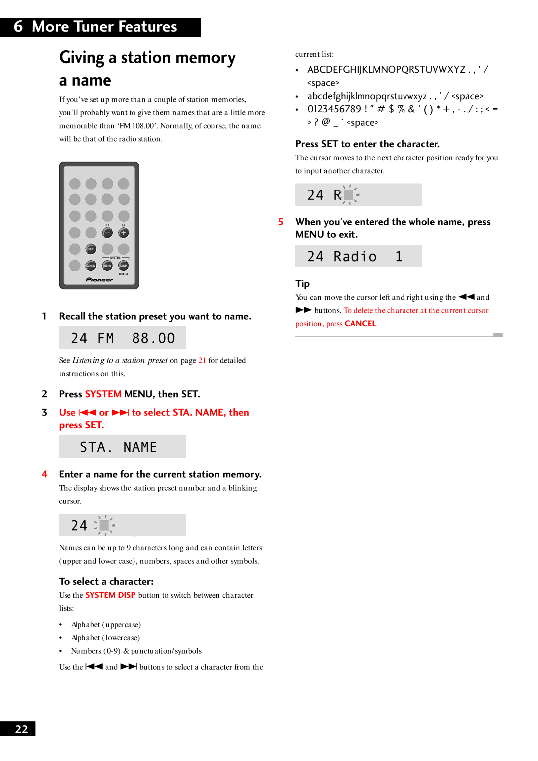 Pioneer S-F10-LRW, M-F10 Giving a station memory a name, Recall the station preset you want to name, To select a character 