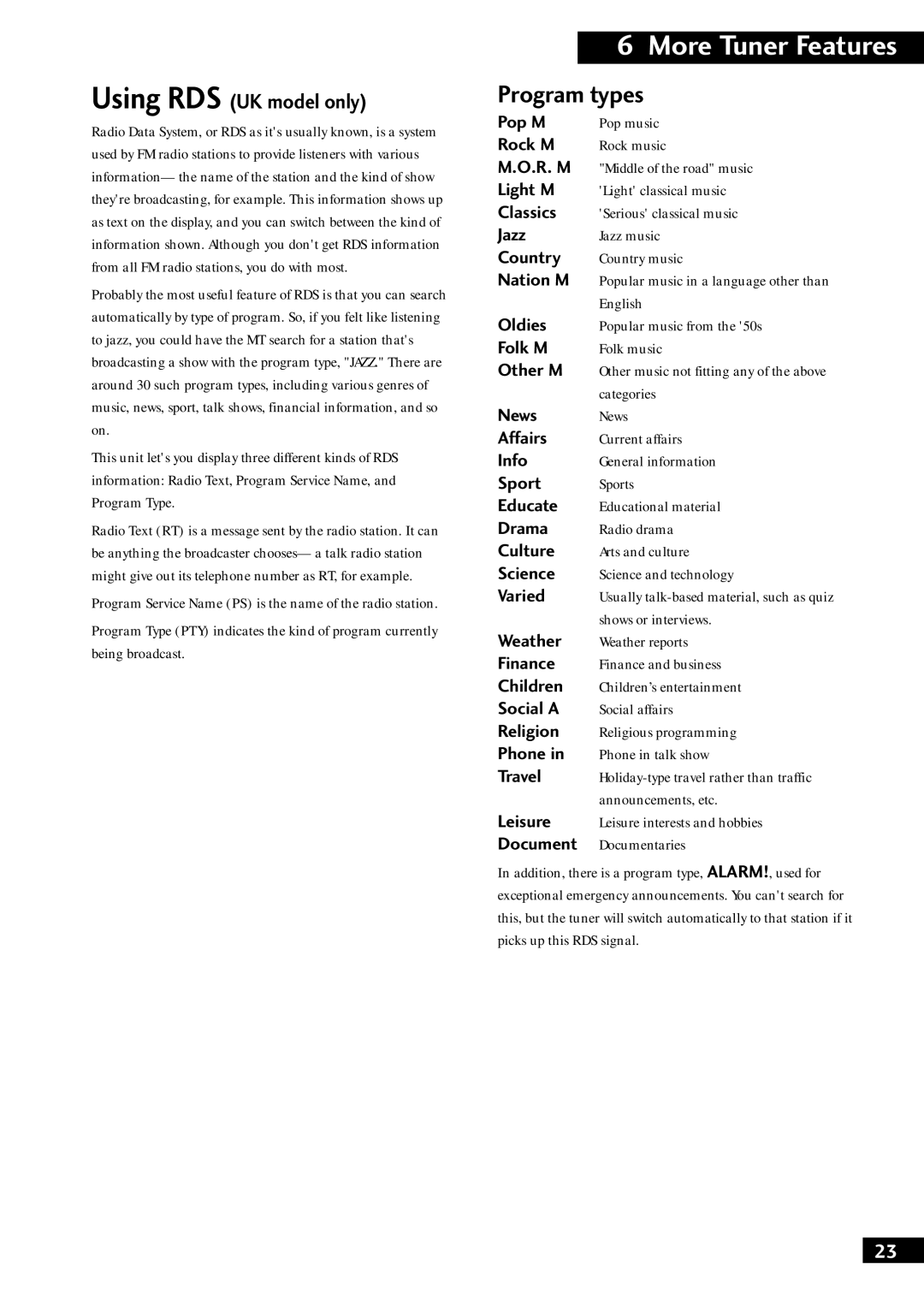 Pioneer XC-F10, XC-NS1, S-F10-LRW, S-NS1-LRW, CT-F10, M-F10, M-NS1 manual Program types, Using RDS UK model only 