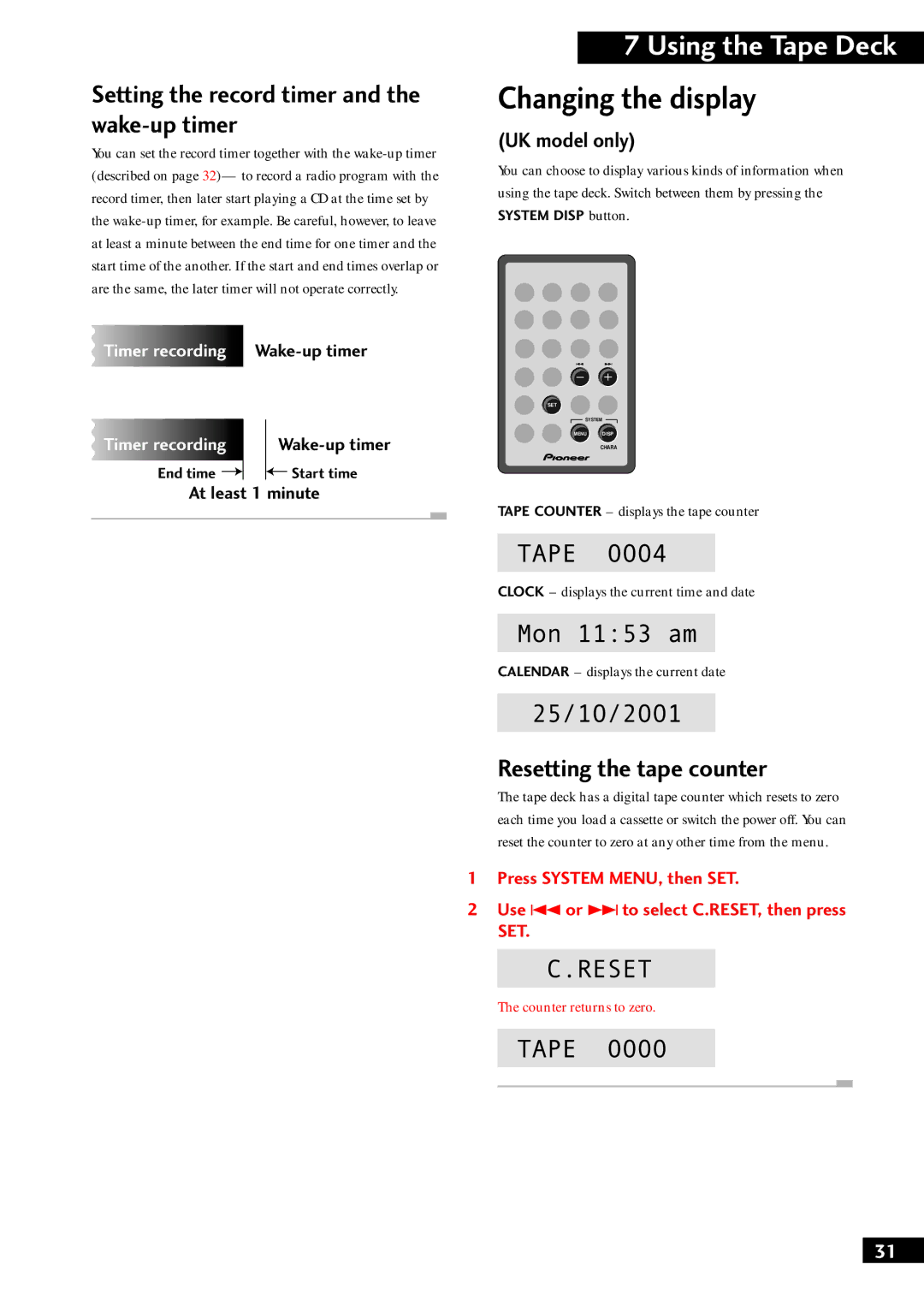 Pioneer S-NS1-LRW, XC-NS1, XC-F10 Setting the record timer and the wake-up timer, Resetting the tape counter, UK model only 