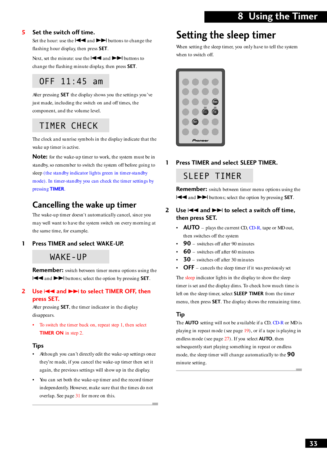 Pioneer M-F10, XC-NS1, S-F10-LRW, XC-F10, S-NS1-LRW Setting the sleep timer, Using the Timer, Cancelling the wake up timer 