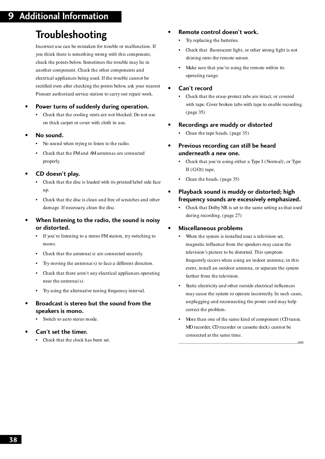 Pioneer S-NS1-LRW, XC-NS1, S-F10-LRW, XC-F10, CT-F10, M-F10, M-NS1 manual Troubleshooting 