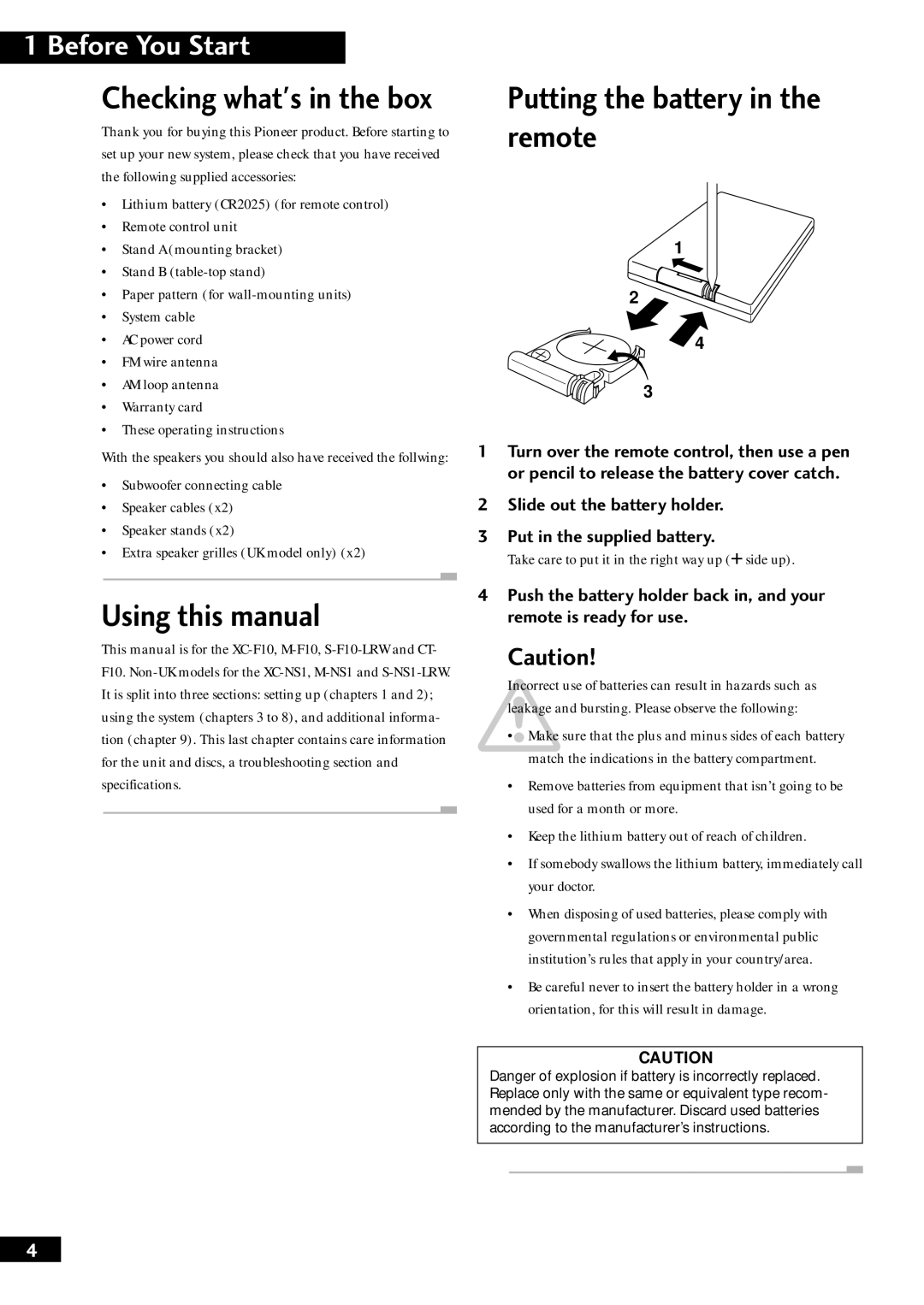 Pioneer CT-F10, XC-NS1, S-F10-LRW, XC-F10 Using this manual, Putting the battery in the remote, Checking whats in the box 