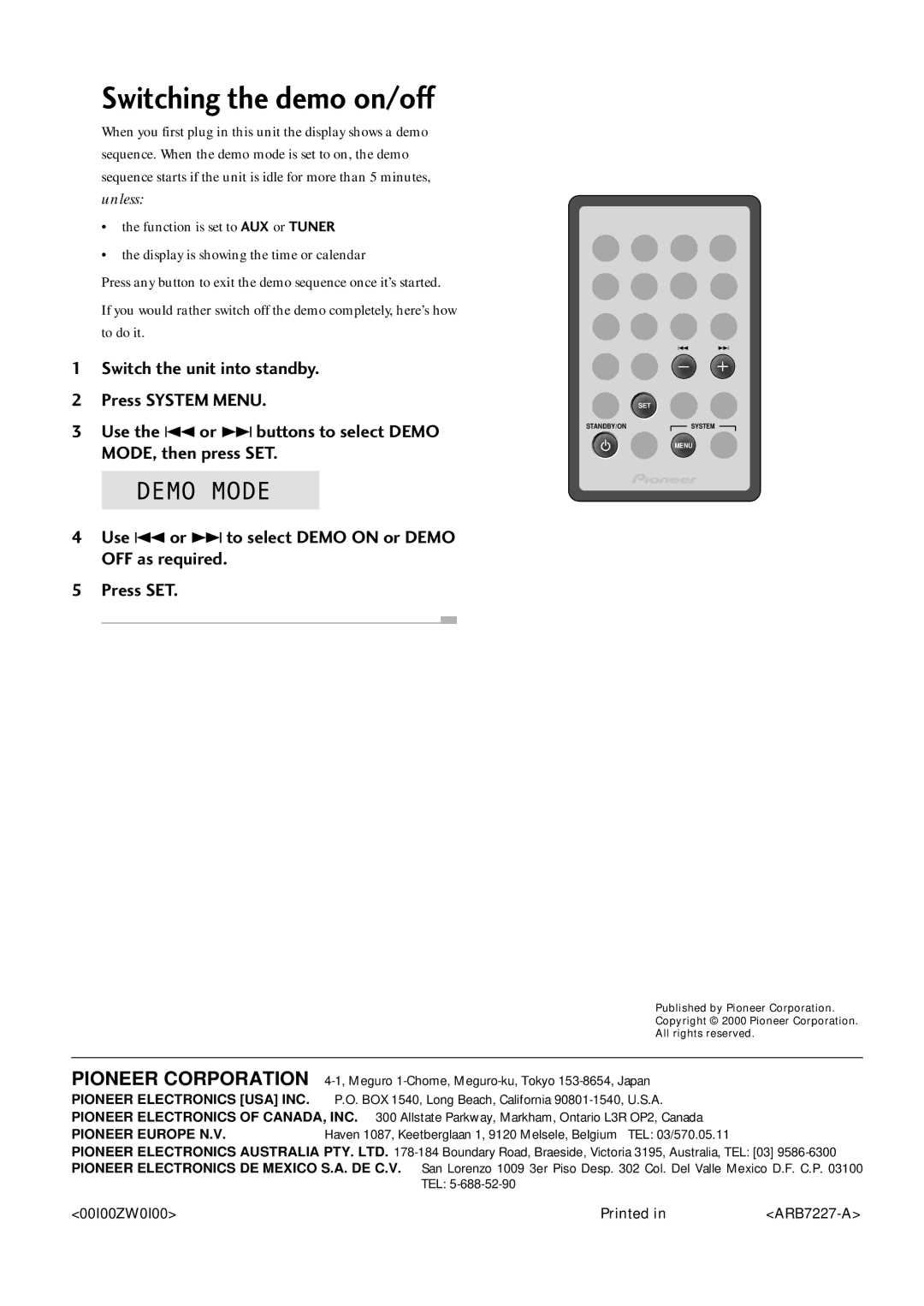 Pioneer M-F10, XC-NS1, S-F10-LRW, XC-F10, S-NS1-LRW, CT-F10, M-NS1 manual Switching the demo on/off 