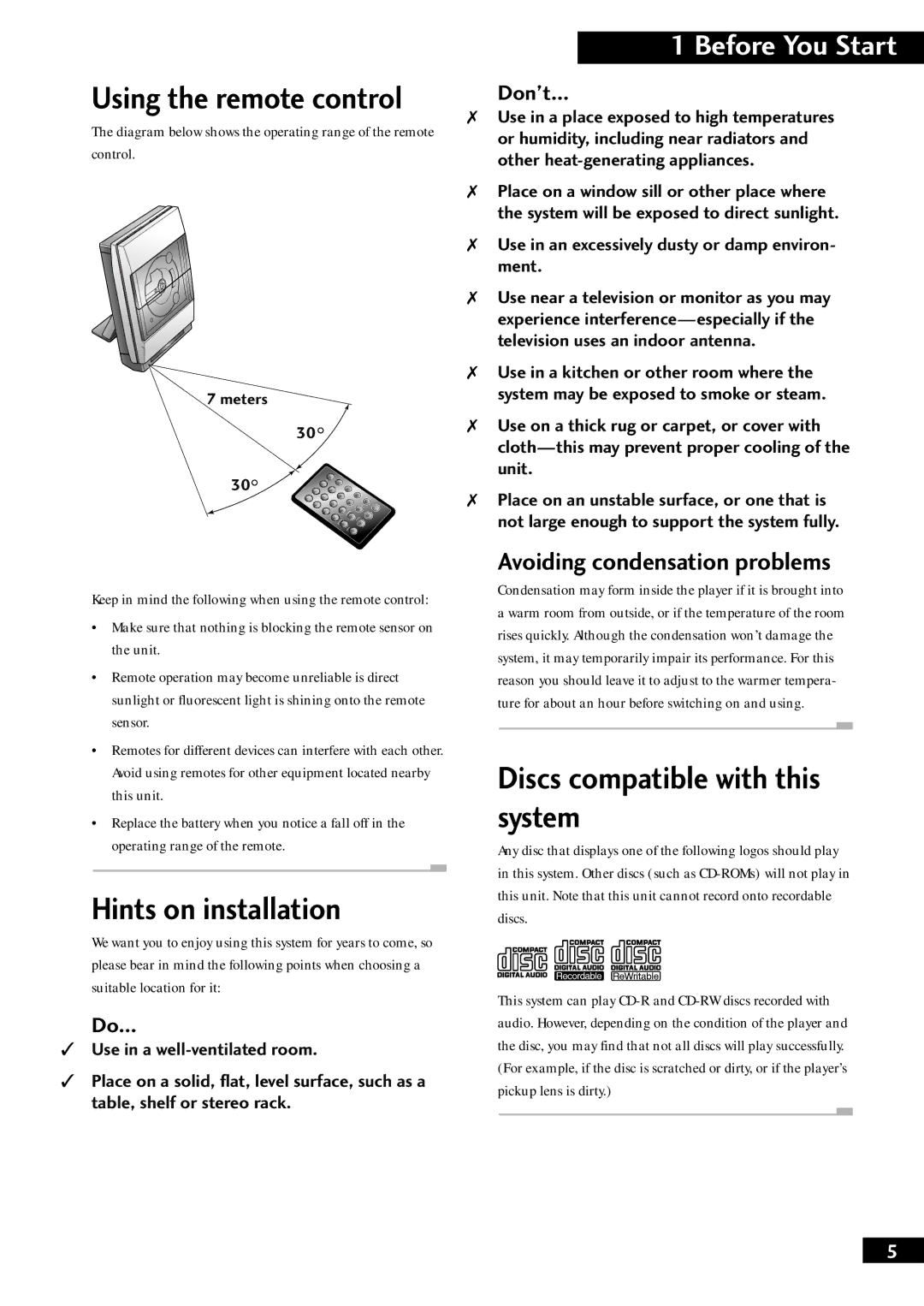 Pioneer M-F10 Hints on installation, Discs compatible with this system, Before You Start, Avoiding condensation problems 