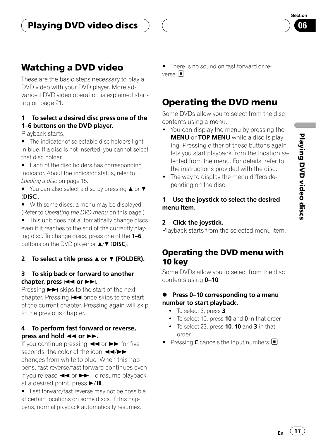 Pioneer XDV-P6 operation manual Playing DVD video discs Watching a DVD video, Operating the DVD menu with 10 key, Disc 