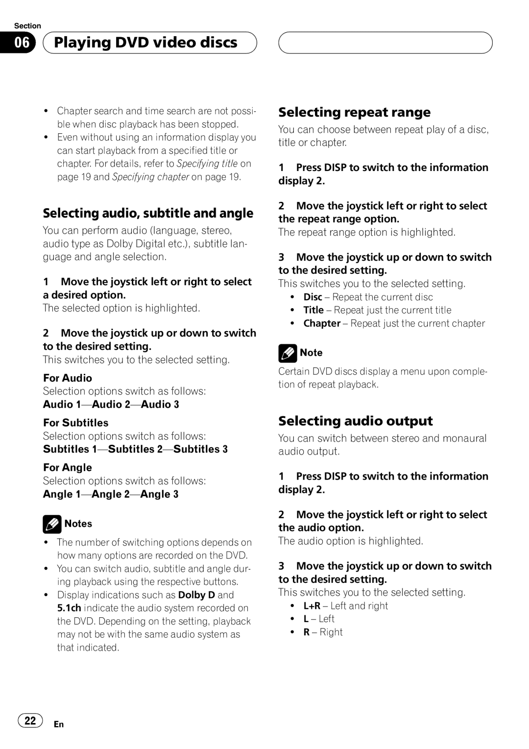 Pioneer XDV-P6 operation manual Selecting audio, subtitle and angle, Selecting repeat range, Selecting audio output 