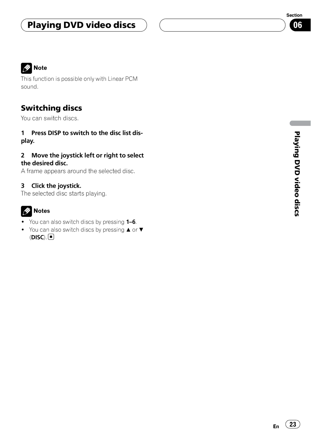 Pioneer XDV-P6 operation manual Switching discs, This function is possible only with Linear PCM sound 