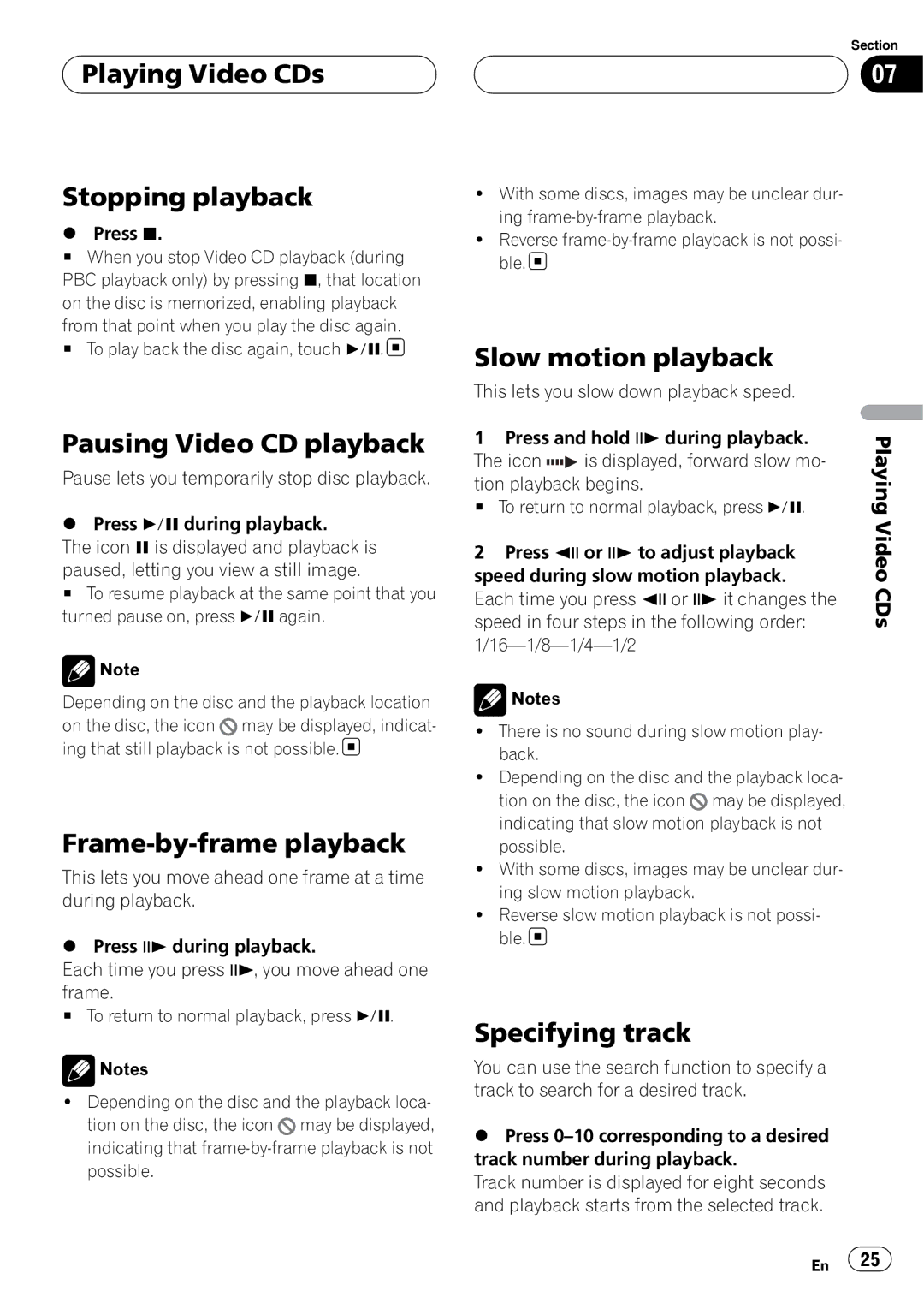 Pioneer XDV-P6 operation manual Playing Video CDs Stopping playback, Pausing Video CD playback, Specifying track 