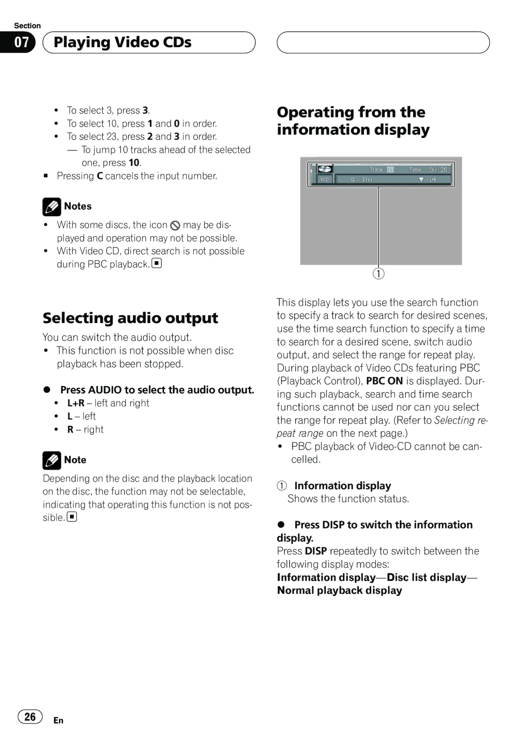 Pioneer XDV-P6 operation manual Playing Video CDs, Selecting audio output, Operating from the information display 