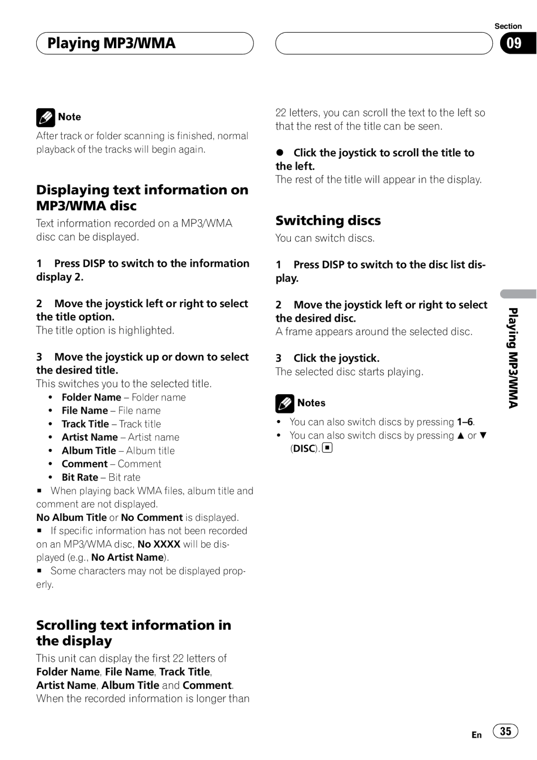 Pioneer XDV-P6 operation manual Displaying text information on MP3/WMA disc, Scrolling text information in the display 