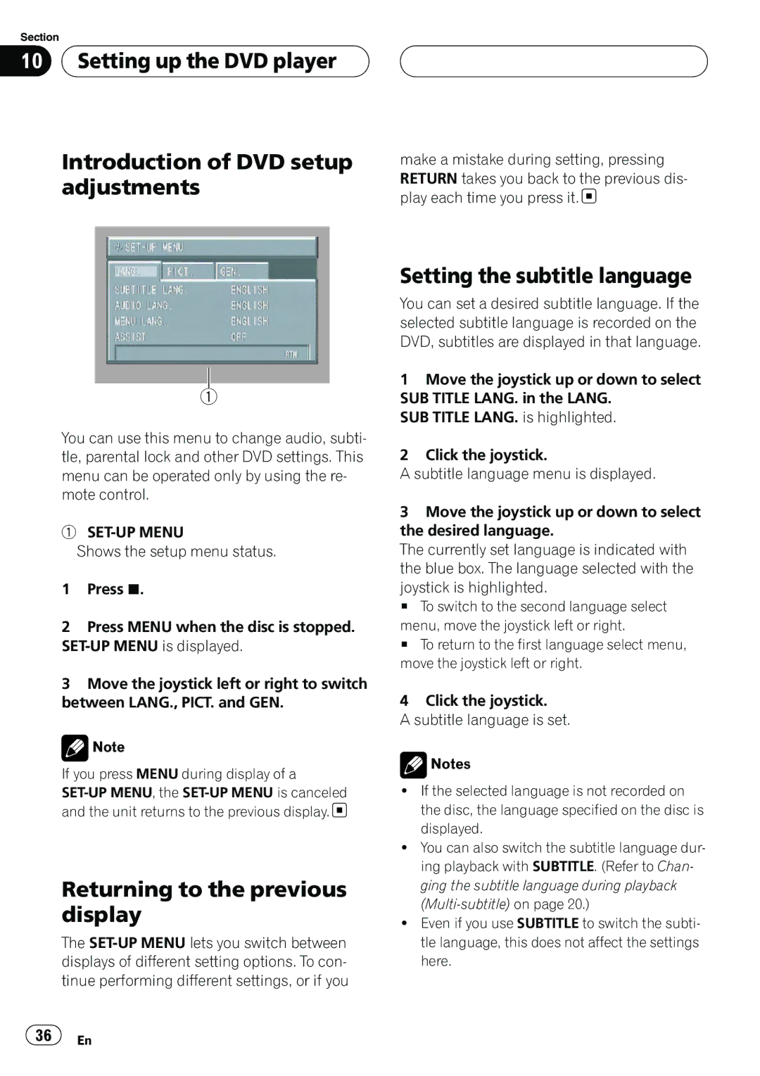 Pioneer XDV-P6 operation manual Returning to the previous display, Setting the subtitle language, SET-UP Menu 