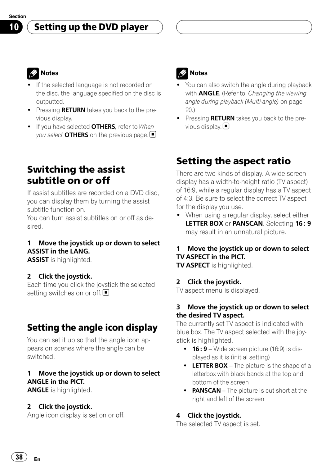 Pioneer XDV-P6 Switching the assist subtitle on or off, Setting the angle icon display, Setting the aspect ratio 