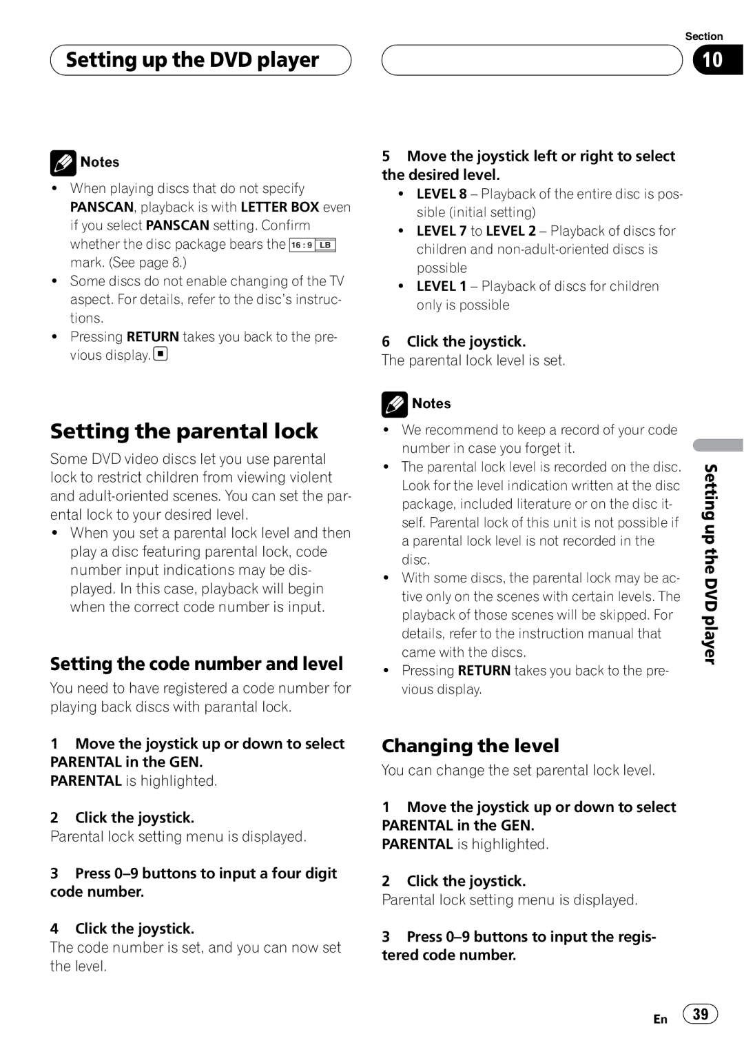 Pioneer XDV-P6 operation manual Setting the parental lock, Setting the code number and level, Changing the level, Dvd 