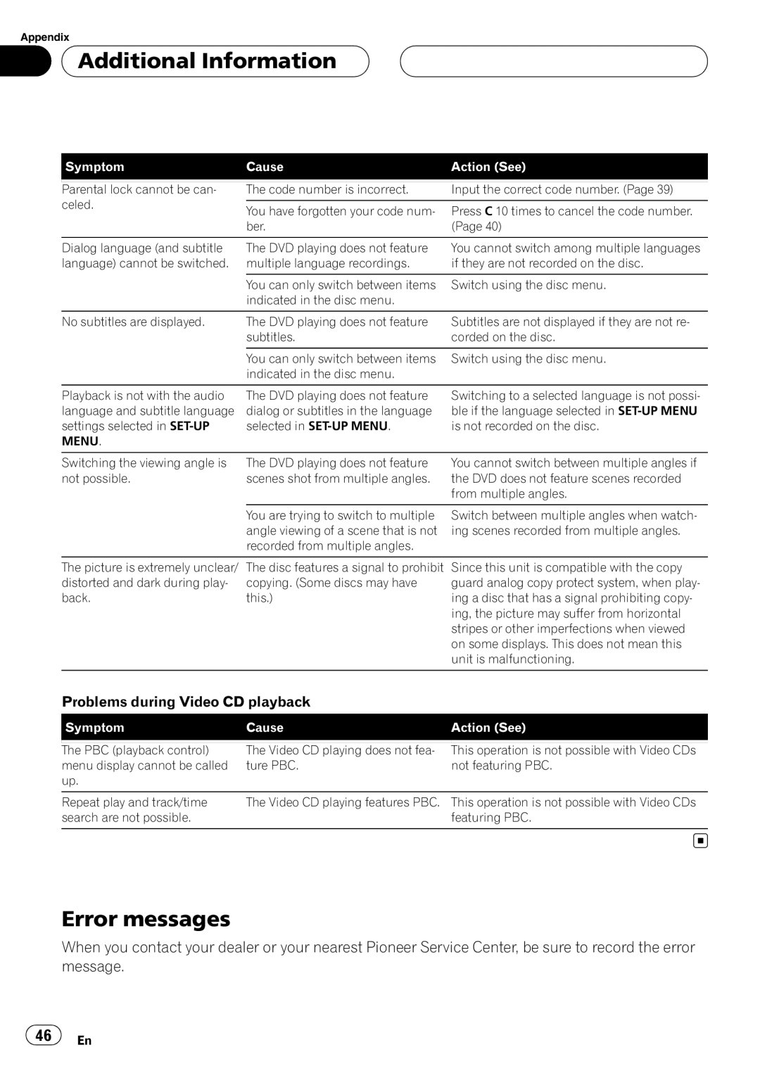 Pioneer XDV-P6 operation manual Additional Information, Error messages, Problems during Video CD playback 