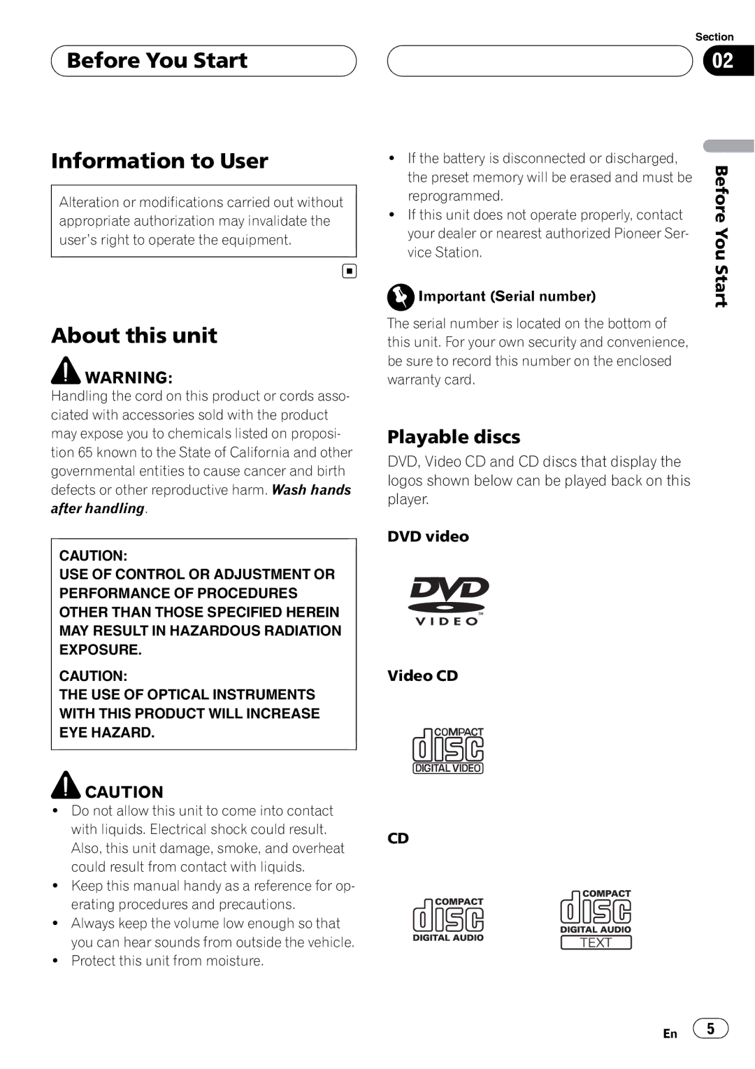 Pioneer XDV-P6 operation manual Before You Start Information to User, About this unit, Playable discs 