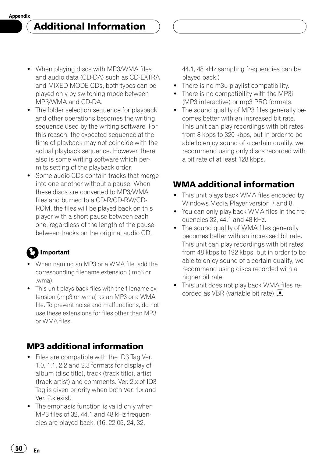 Pioneer XDV-P6 operation manual MP3 additional information, WMA additional information 