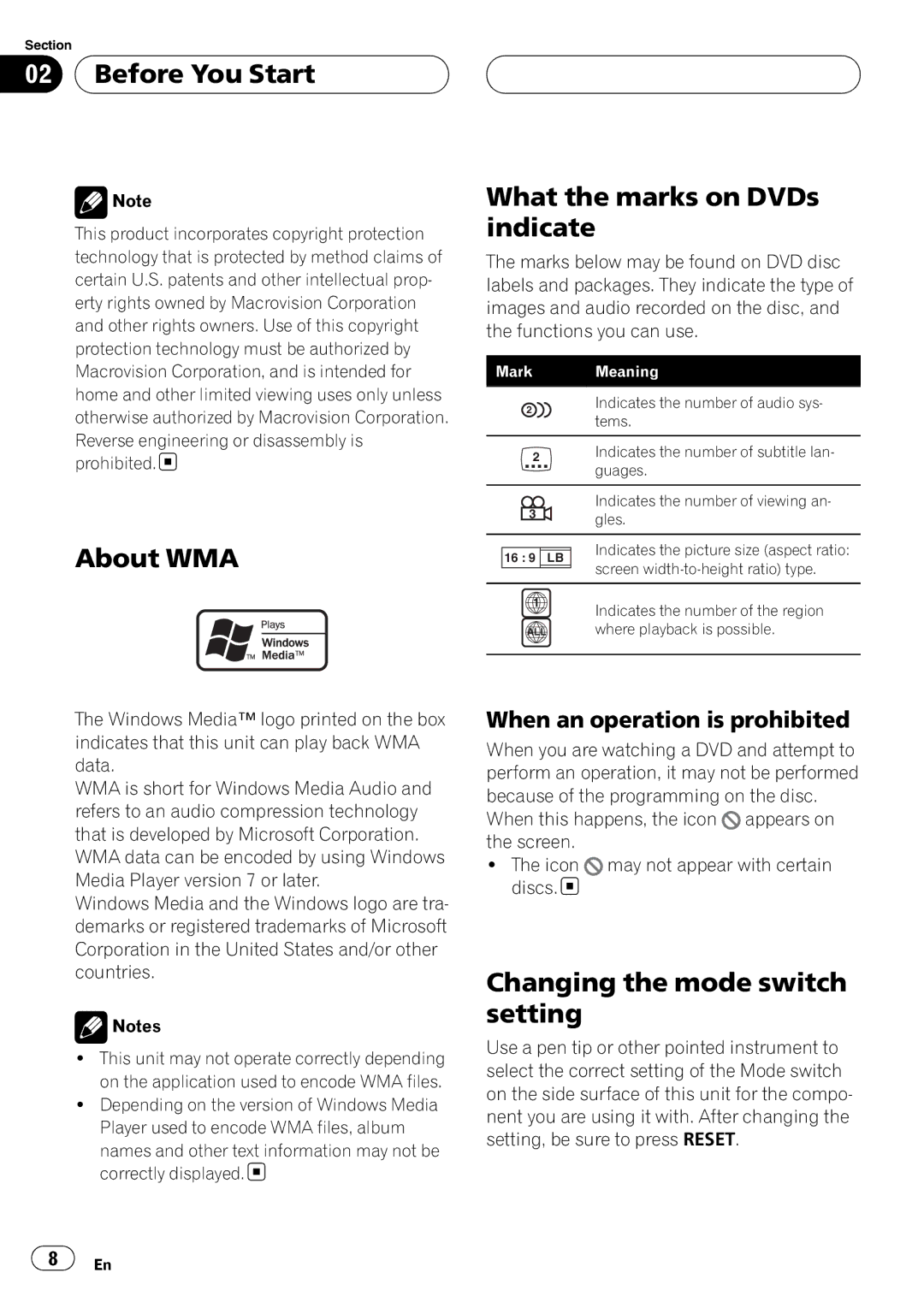 Pioneer XDV-P6 operation manual What the marks on DVDs indicate, About WMA, Changing the mode switch setting, Prohibited 