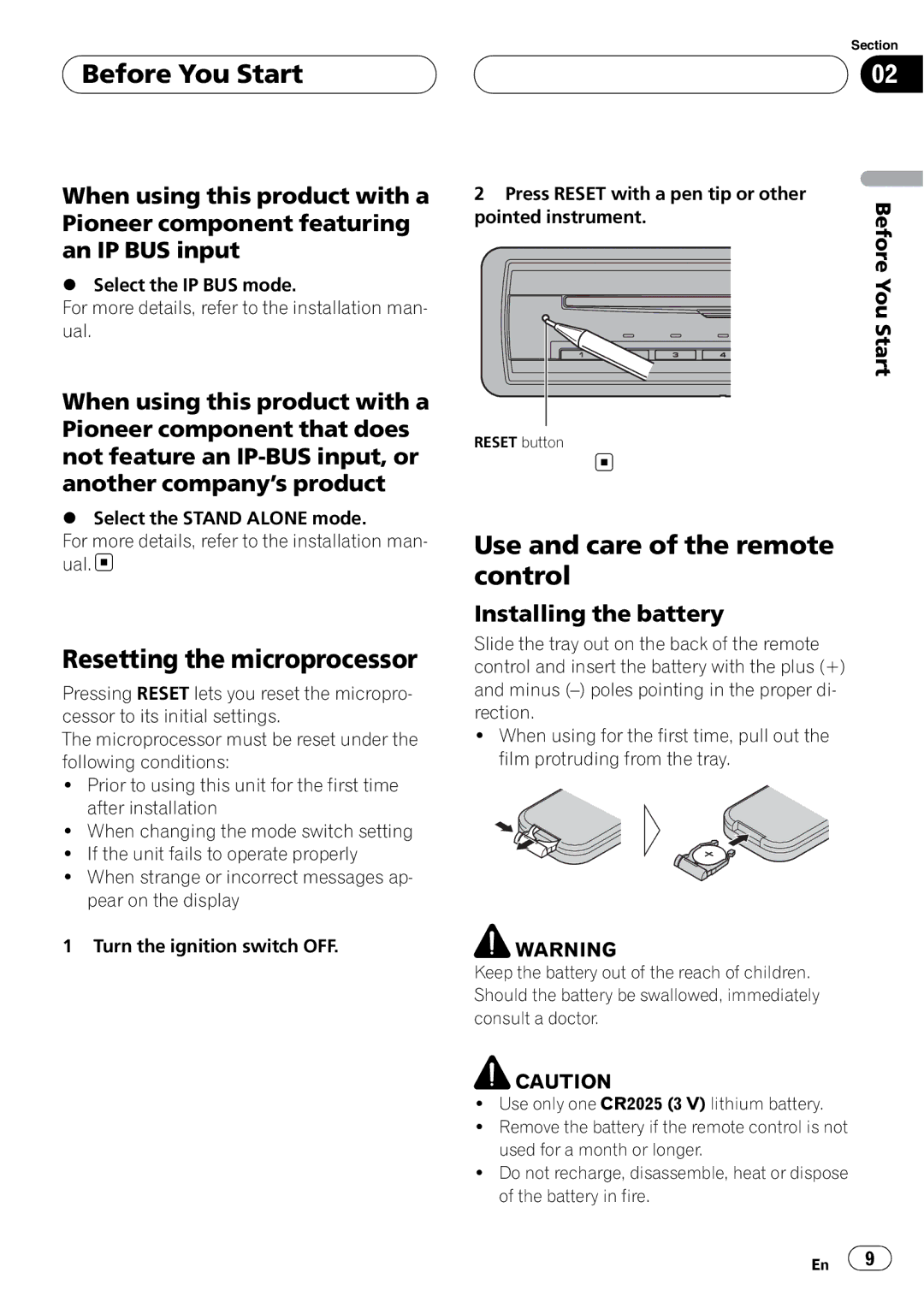 Pioneer XDV-P6 operation manual Resetting the microprocessor, Use and care of the remote control, Installing the battery 