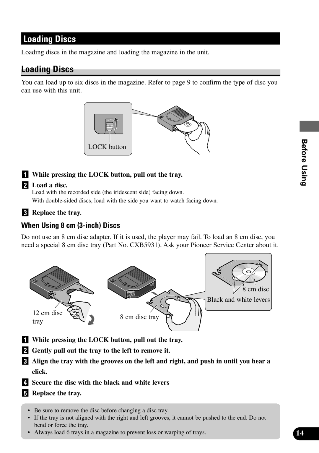 Pioneer XDV-P9 owner manual Loading Discs, When Using 8 cm 3-inch Discs, Replace the tray, Tray Cm disc tray 