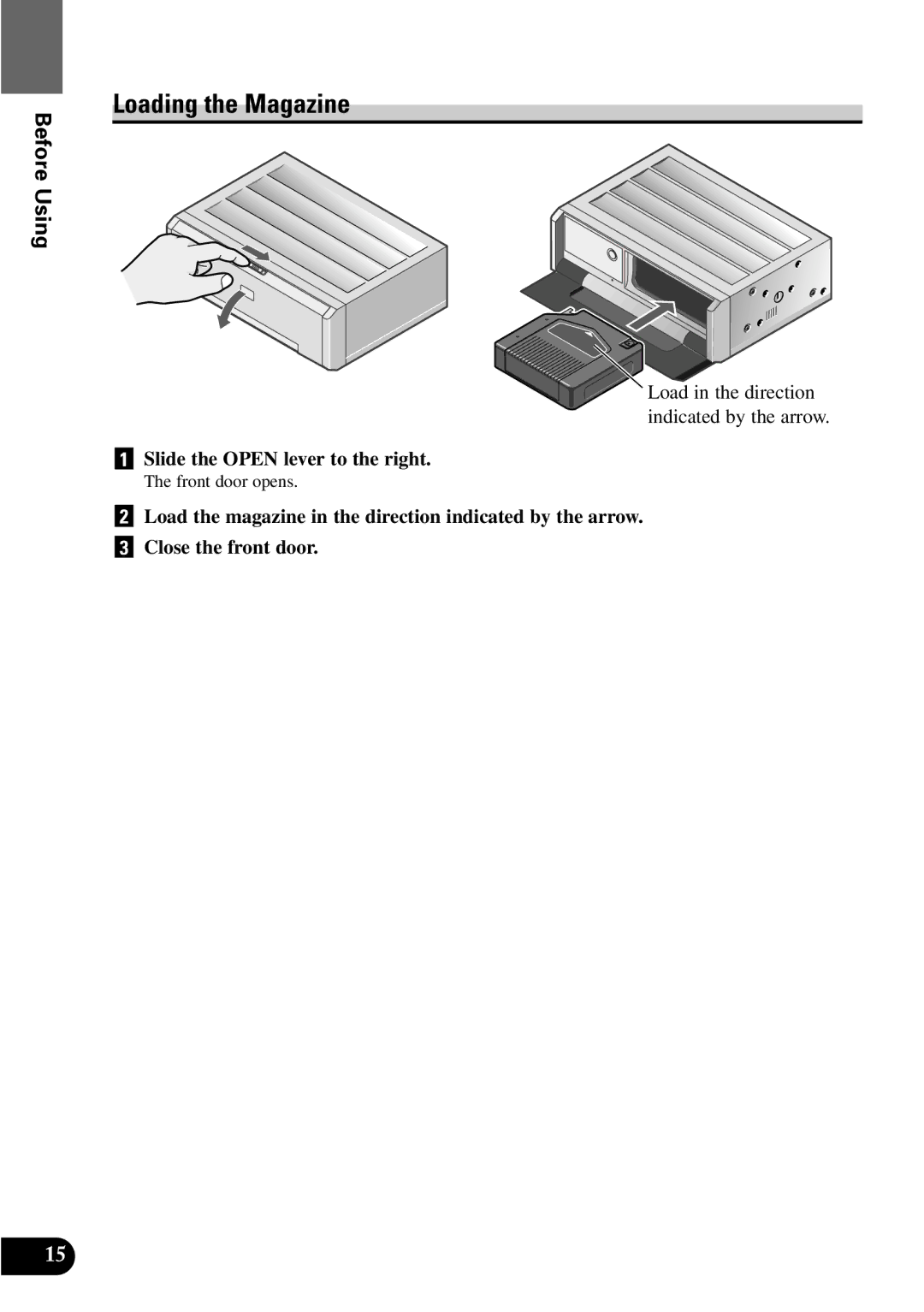 Pioneer XDV-P9 Loading the Magazine, Load in the direction indicated by the arrow, Slide the Open lever to the right 