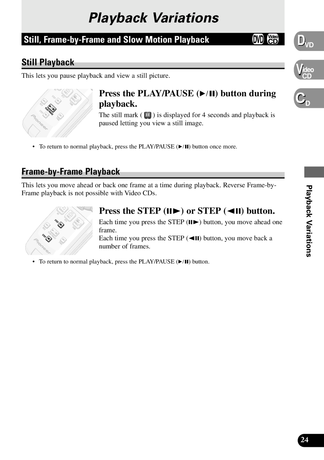 Pioneer XDV-P9 owner manual Still, Frame-by-Frame and Slow Motion Playback, Still Playback, Frame-by-Frame Playback 