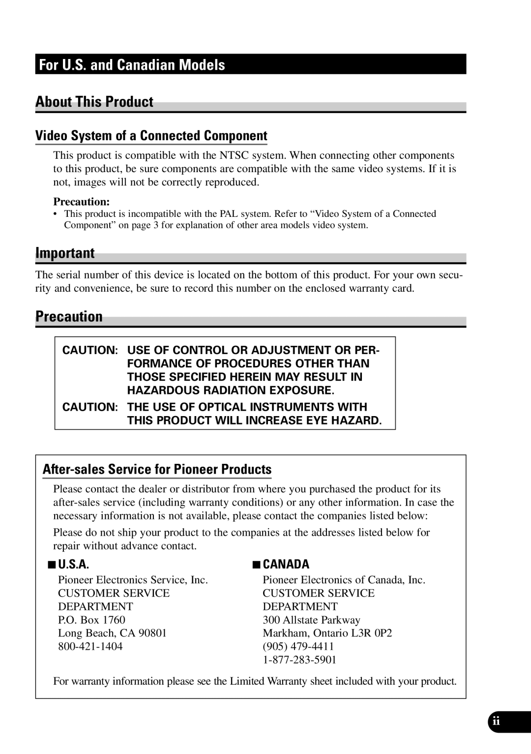 Pioneer XDV-P9 owner manual For U.S. and Canadian Models, About This Product, Precaution, 7U.S.A 