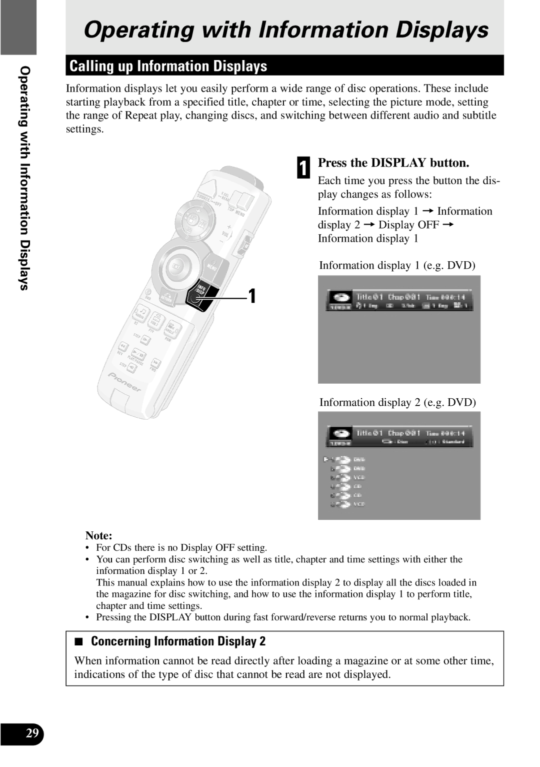 Pioneer XDV-P9 owner manual Calling up Information Displays, Operating with Information Displays, Press the Display button 