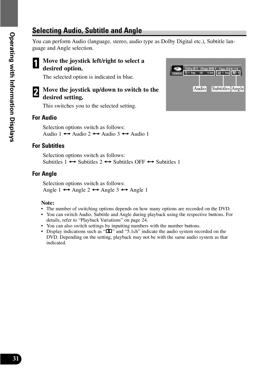 Pioneer XDV-P9 owner manual Selecting Audio, Subtitle and Angle, For Audio, For Subtitles, For Angle 