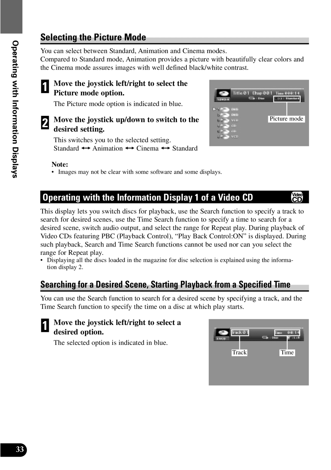 Pioneer XDV-P9 owner manual Selecting the Picture Mode, Operating with the Information Display 1 of a Video CD 