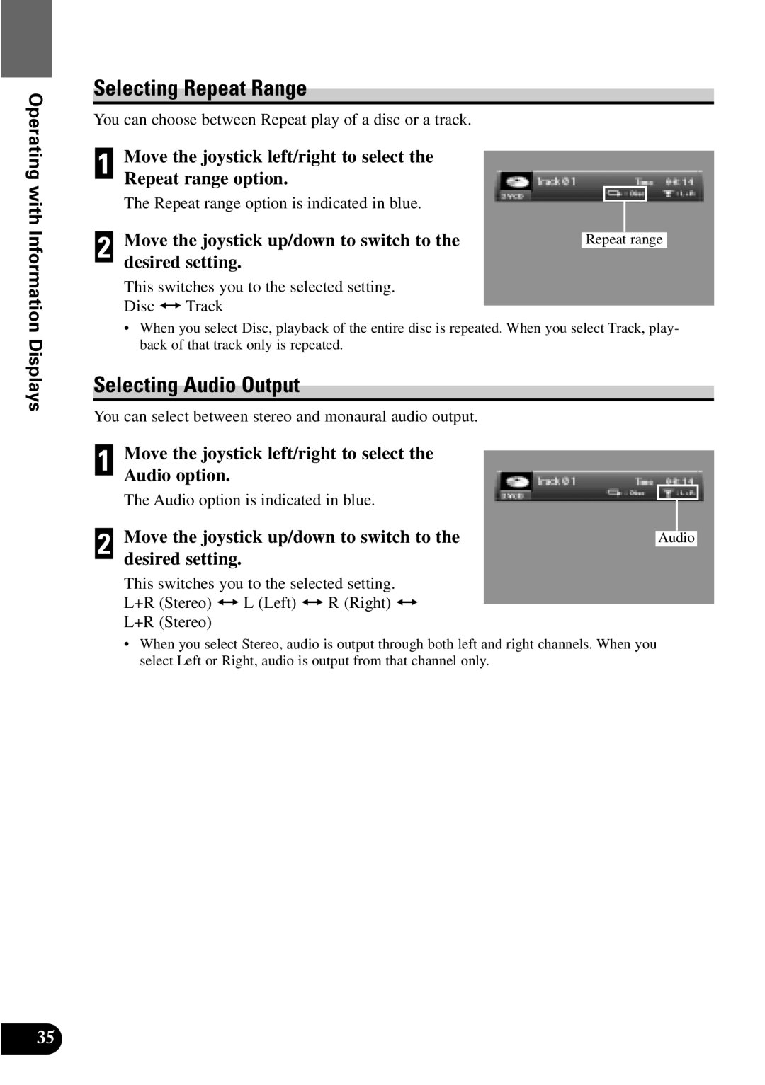 Pioneer XDV-P9 owner manual Selecting Audio Output, Move the joystick up/down to switch to the desired setting, Displays 