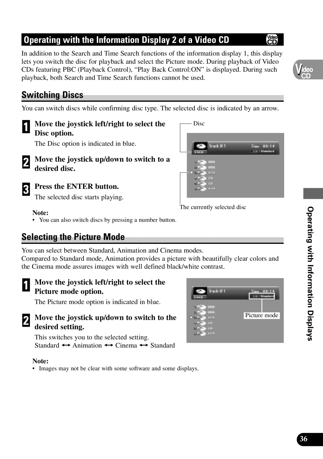 Pioneer XDV-P9 Operating with the Information Display 2 of a Video CD, Move the joystick left/right to select, Disc option 